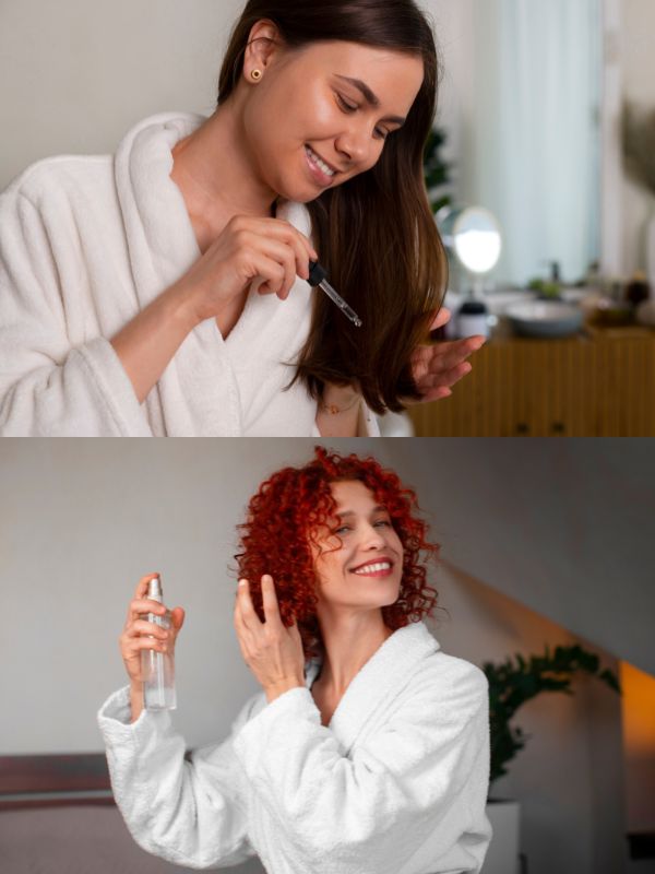 Mujer aplicando aceite en cabello grueso y otra rociando spray hidratante en cabello rizado