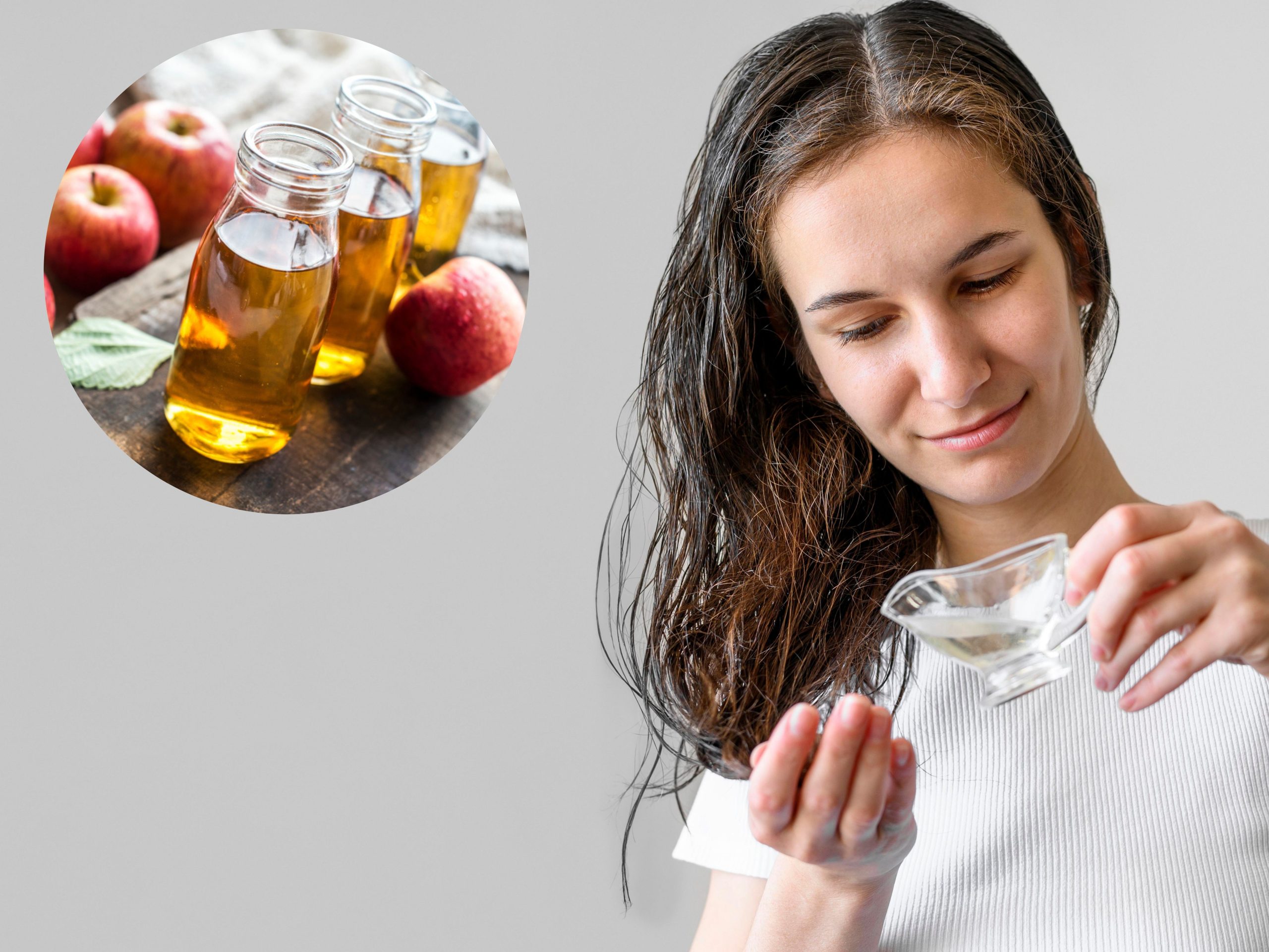 mujer enjuagándose pelo con vinagre manzana para hidratar